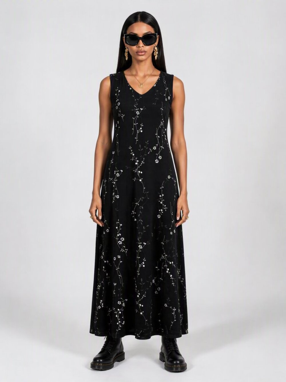 Vintage Y2K JKLA Black Textured Floral Slinky Side Slit Black Dress M